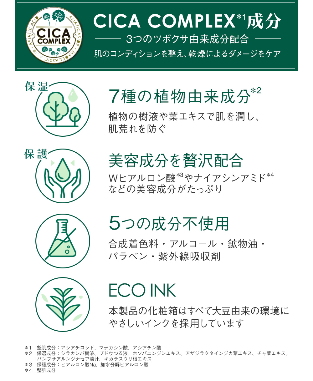 CICA Complex成分、3つのツボクサ由来成分配合、肌のコンディションを整え、乾燥によるダメージをケア